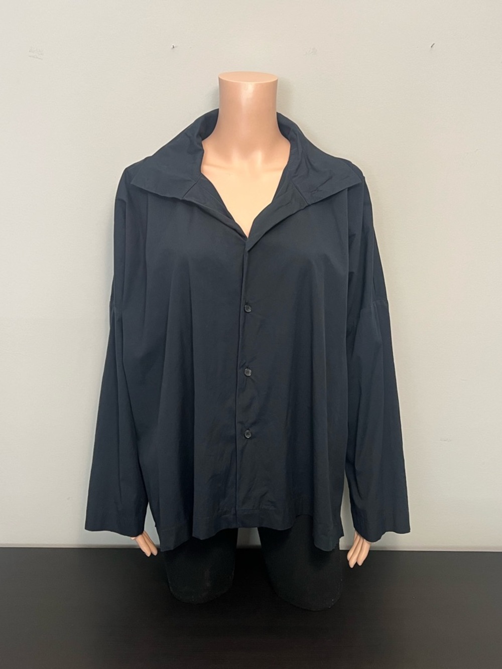 Eskandar Boxy Button Down Blouse Size 1 Black Cropped Poplin Cotton Collared
